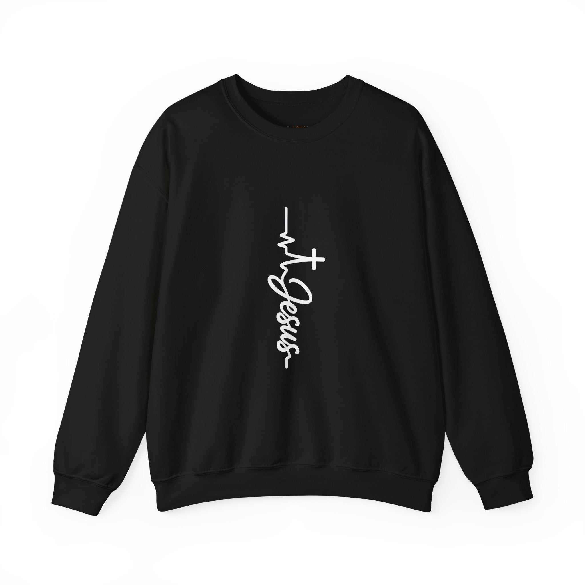 Jesus Embroidered Heartbeat Crewneck Sweatshirt — Vertical Script Faith Sweatshirt