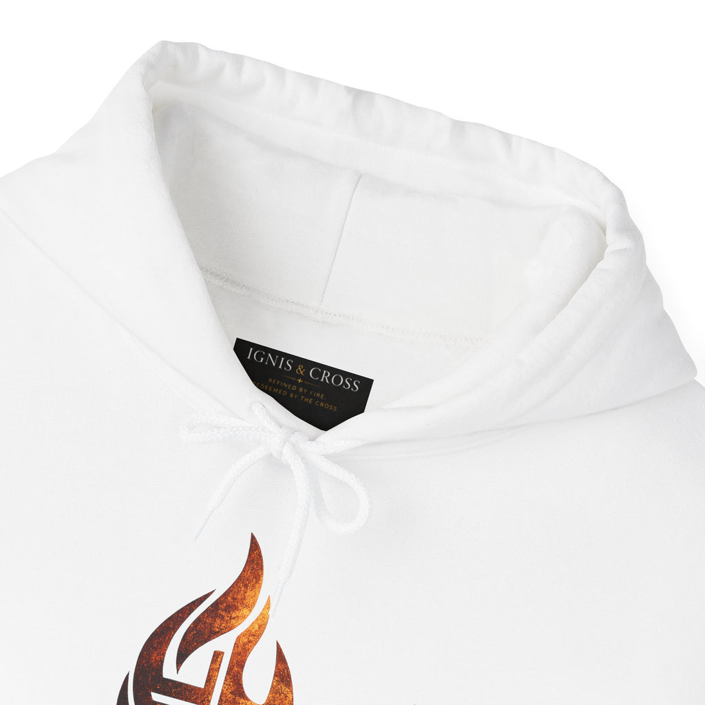 Christian Flame Cross Hoodie — "Refined by Fire. Redeemed by the Cross."