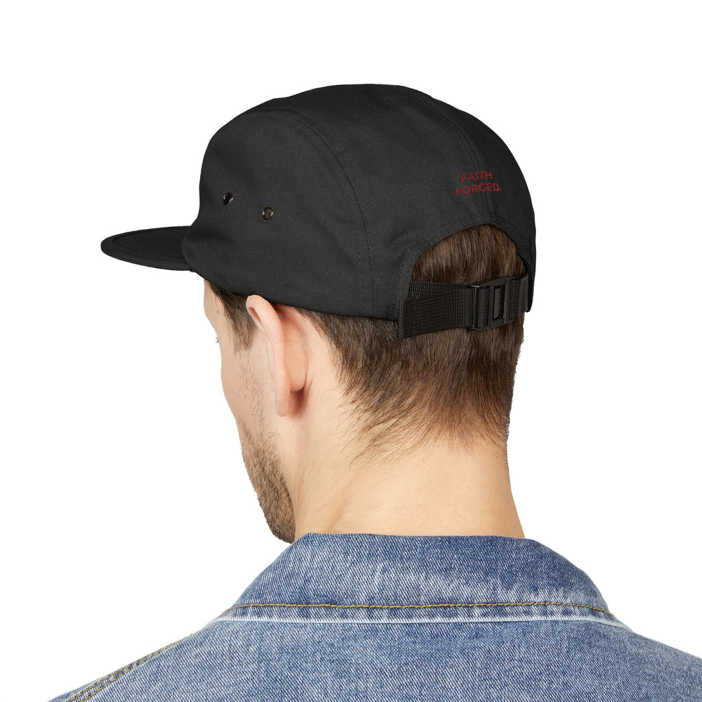 Embroidered Flame Crest 5-Panel Cap — 'Faith Forged'
