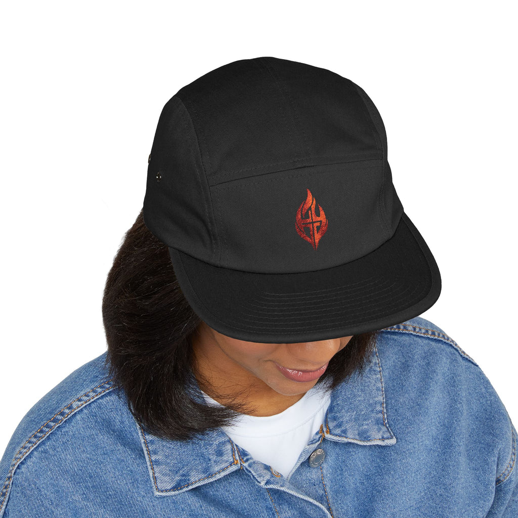 Embroidered Flame Crest 5-Panel Cap — 'Faith Forged'