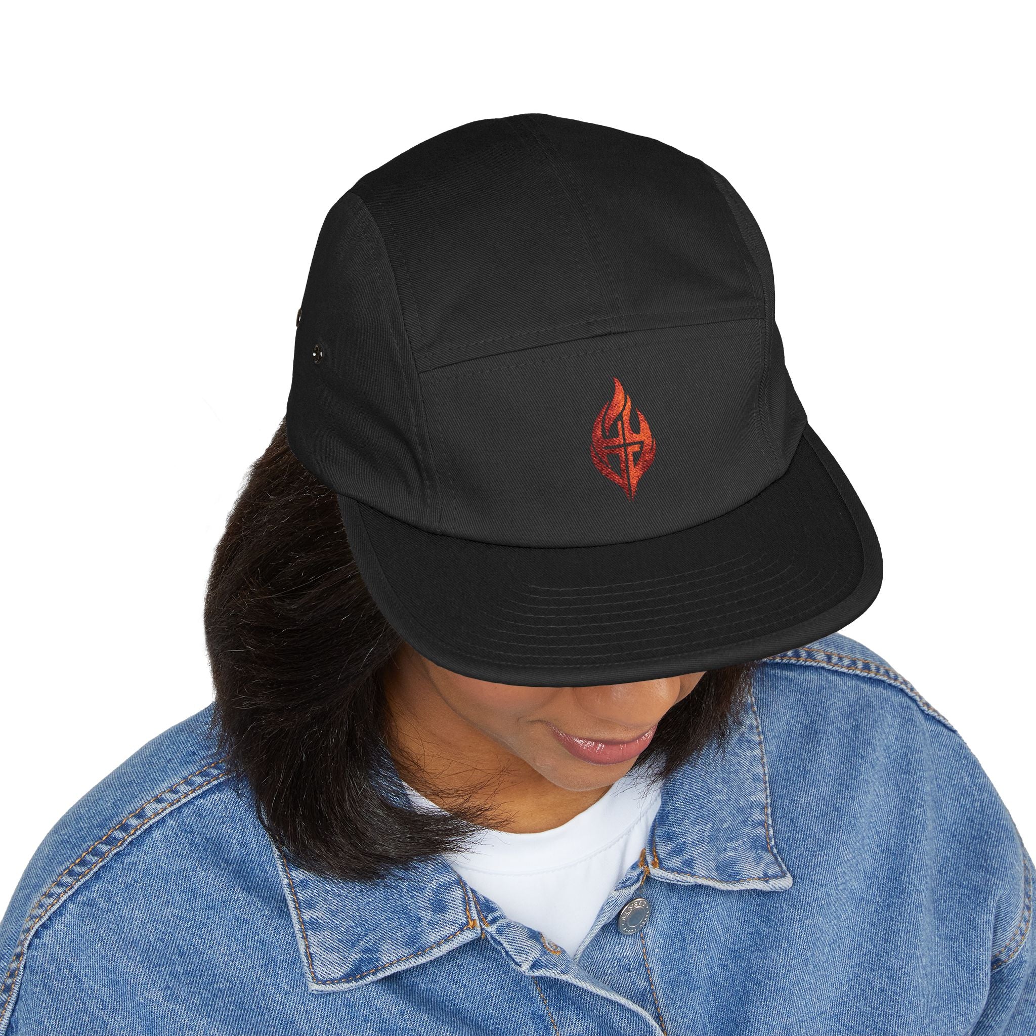 Embroidered Flame Crest 5-Panel Cap — 'Faith Forged'