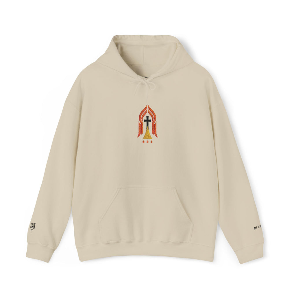 Narrow Way Flame Hoodie — Subtle Cross & Ember Flame Christian Hoodie (MT 7:14)