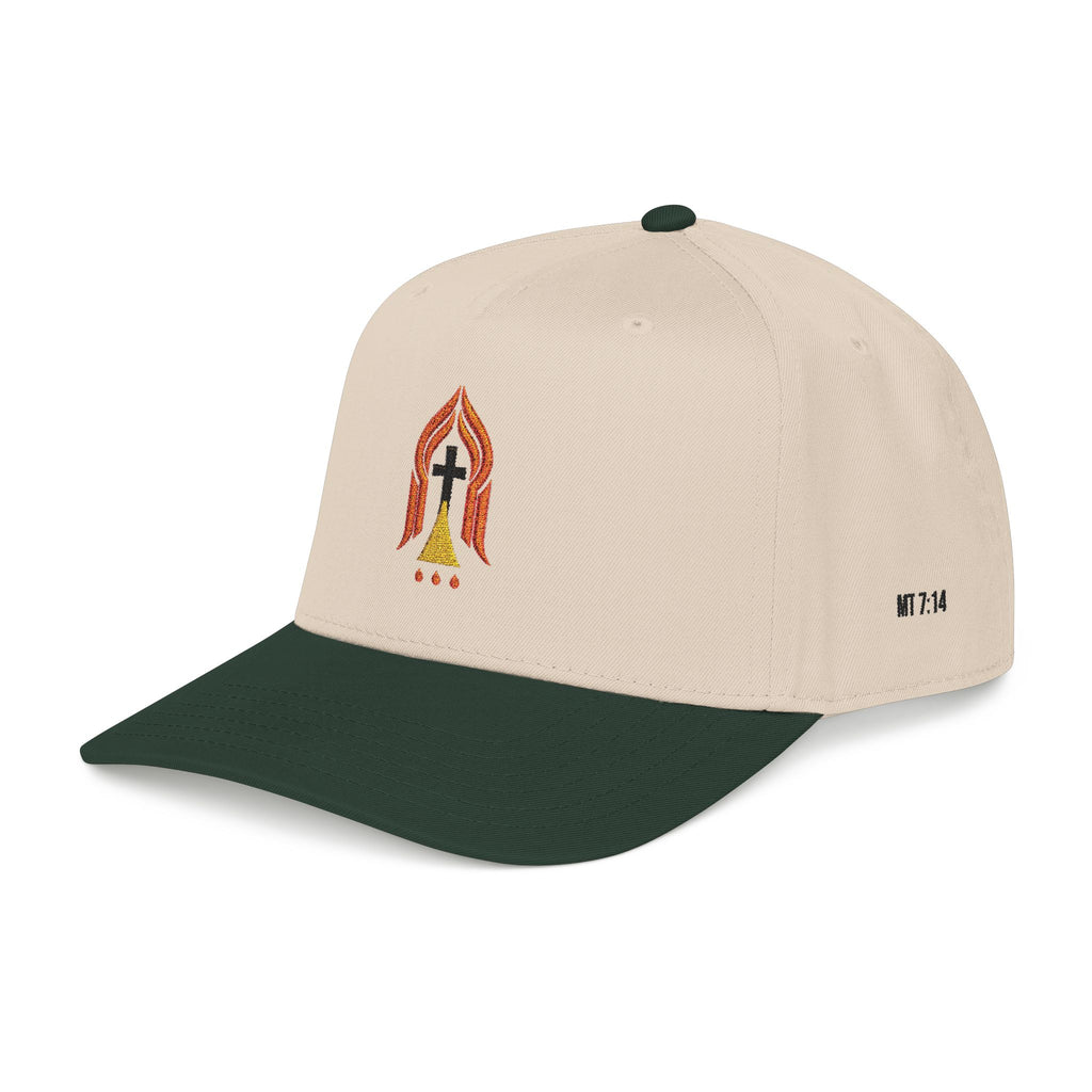 Embroidered 'The Narrow Way' Faith Baseball Cap — MT 7:14 Cross & Flame