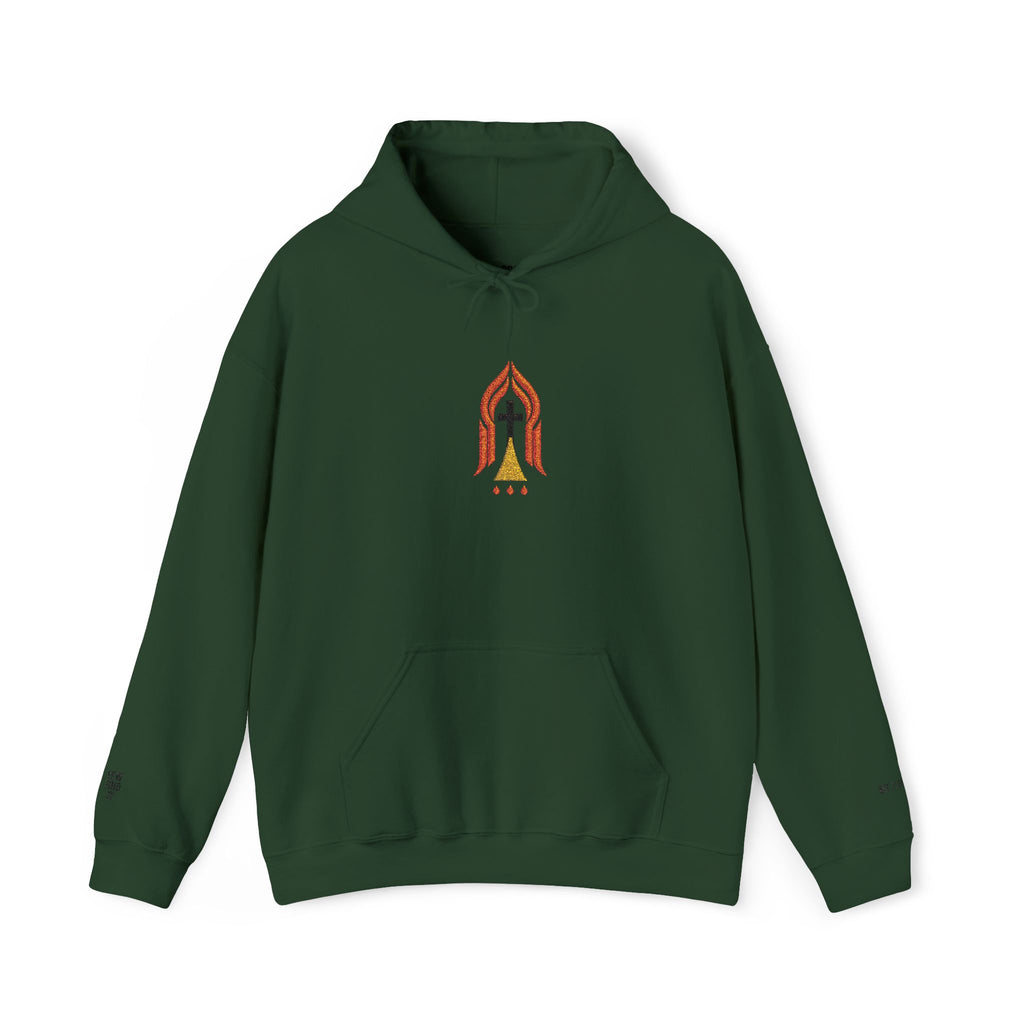 Narrow Way Flame Hoodie — Subtle Cross & Ember Flame Christian Hoodie (MT 7:14)