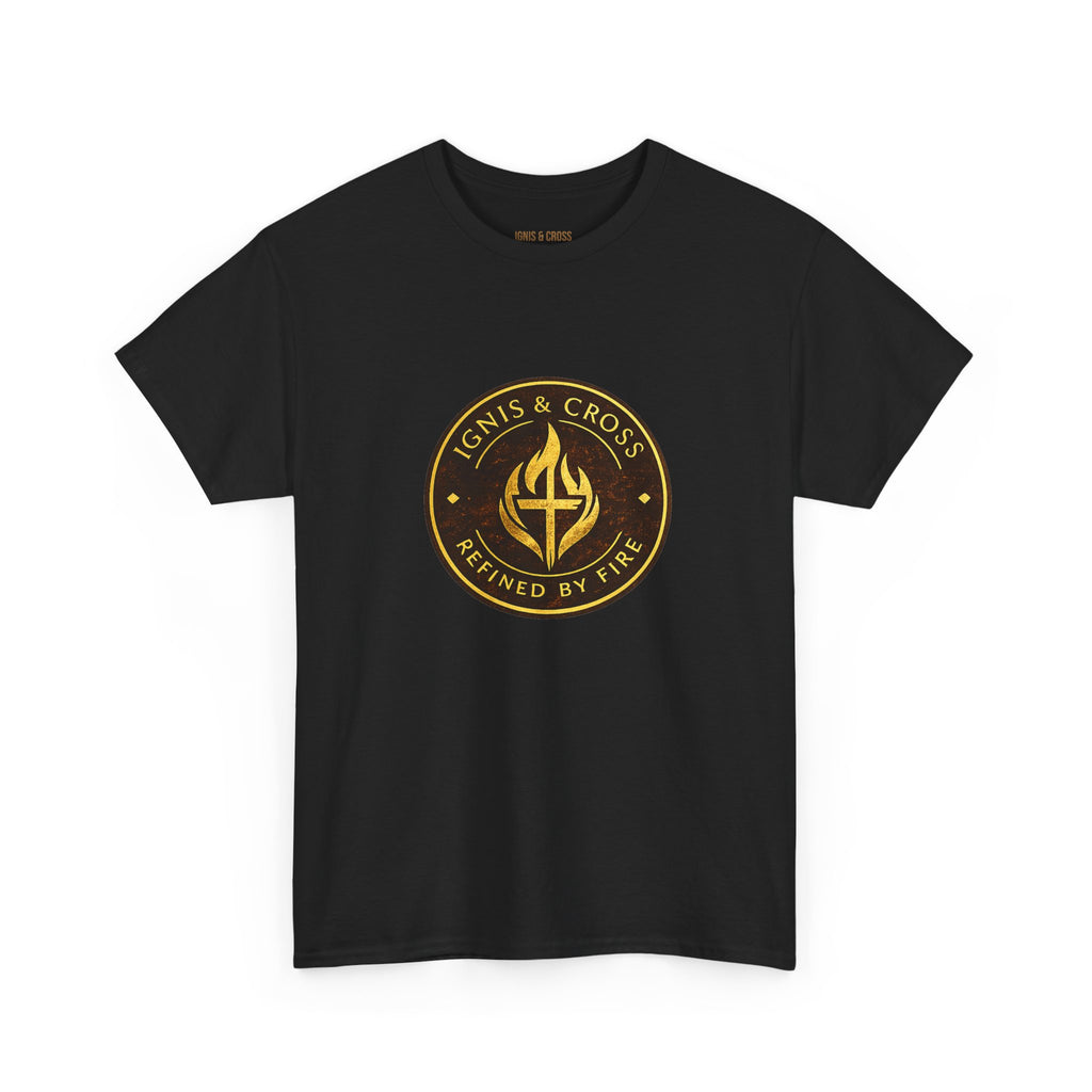 IGNIS & CROSS T-Shirt — 'Refined By Fire' Christian Emblem Tee