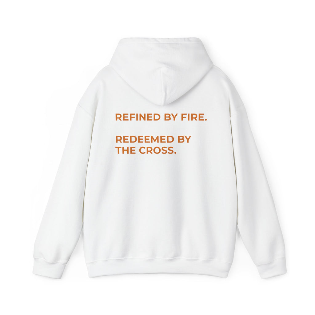 Christian Flame Cross Hoodie — "Refined by Fire. Redeemed by the Cross."