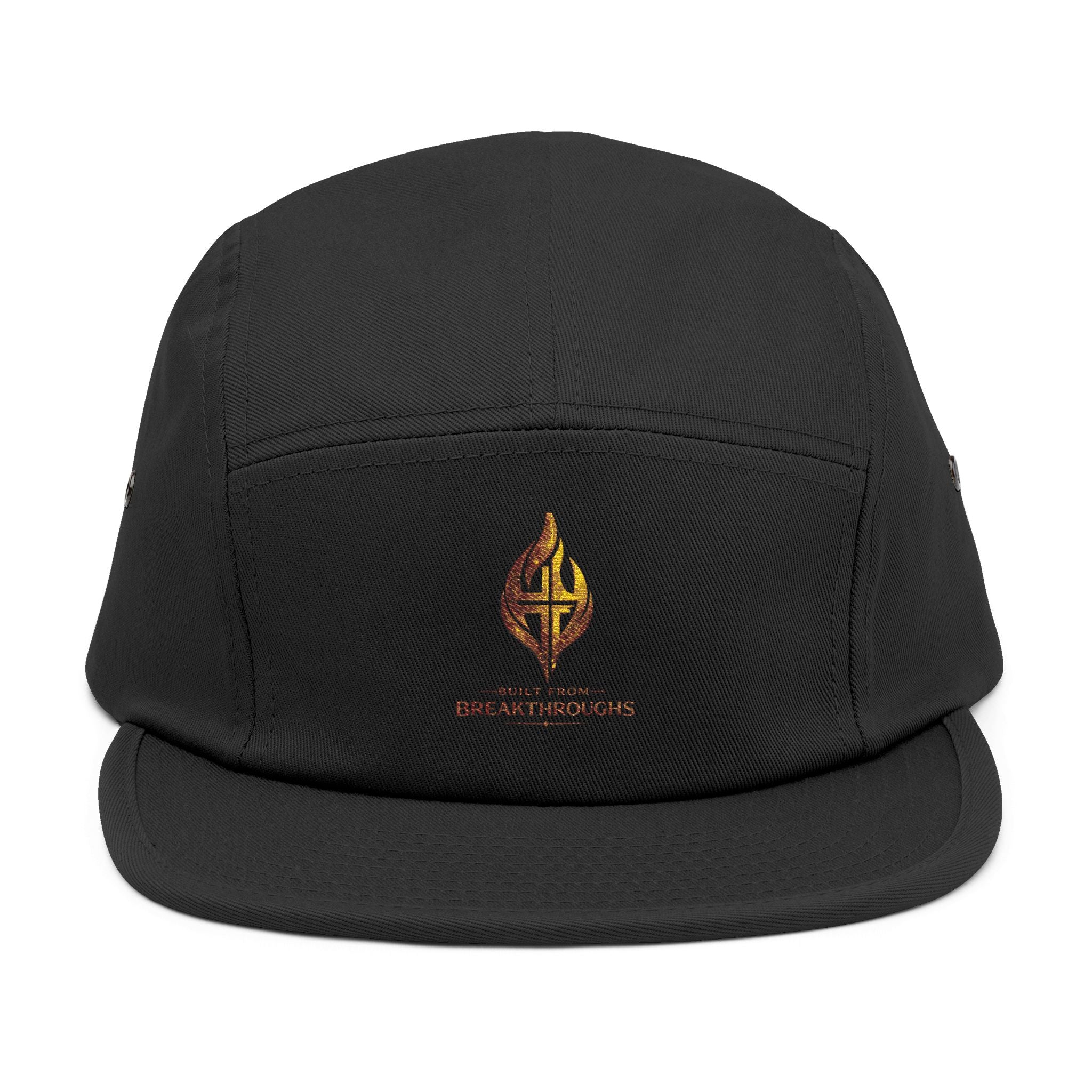 Embroidered Flame Crest 5-Panel Cap — 'Faith Forged'