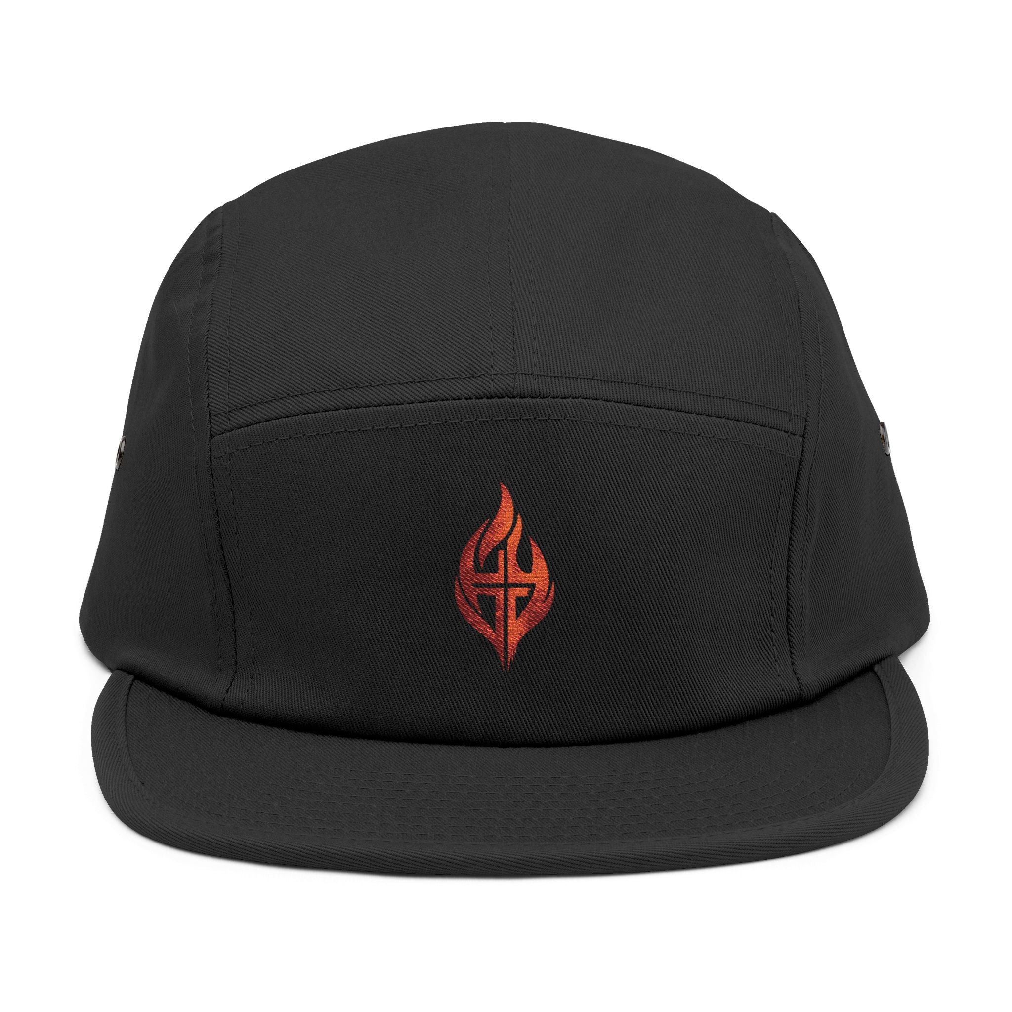 Embroidered Flame Crest 5-Panel Cap — 'Faith Forged'