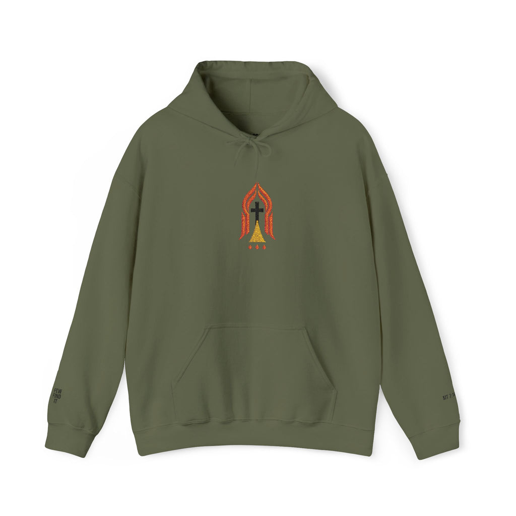 Narrow Way Flame Hoodie — Subtle Cross & Ember Flame Christian Hoodie (MT 7:14)