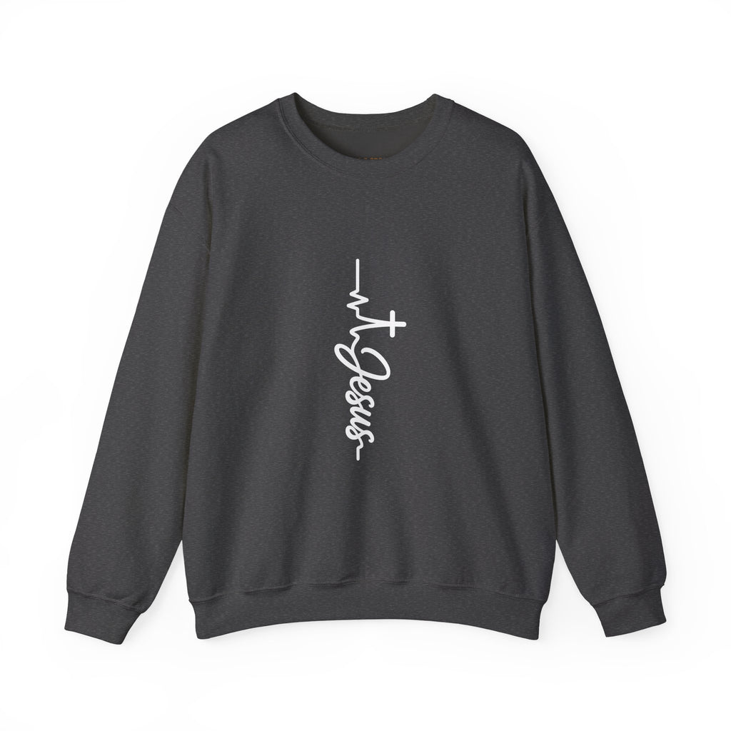 Jesus Embroidered Heartbeat Crewneck Sweatshirt — Vertical Script Faith Sweatshirt