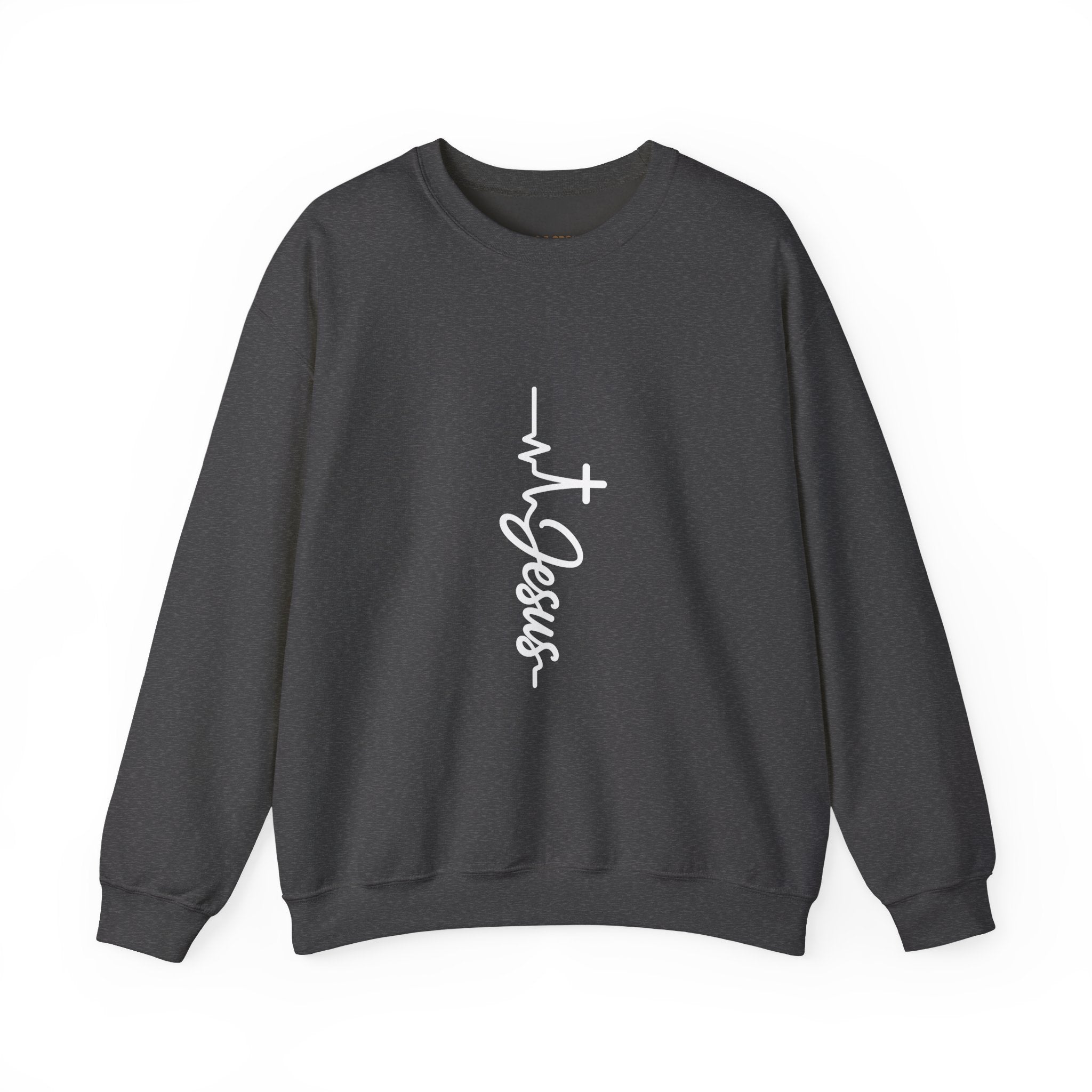 Jesus Embroidered Heartbeat Crewneck Sweatshirt — Vertical Script Faith Sweatshirt