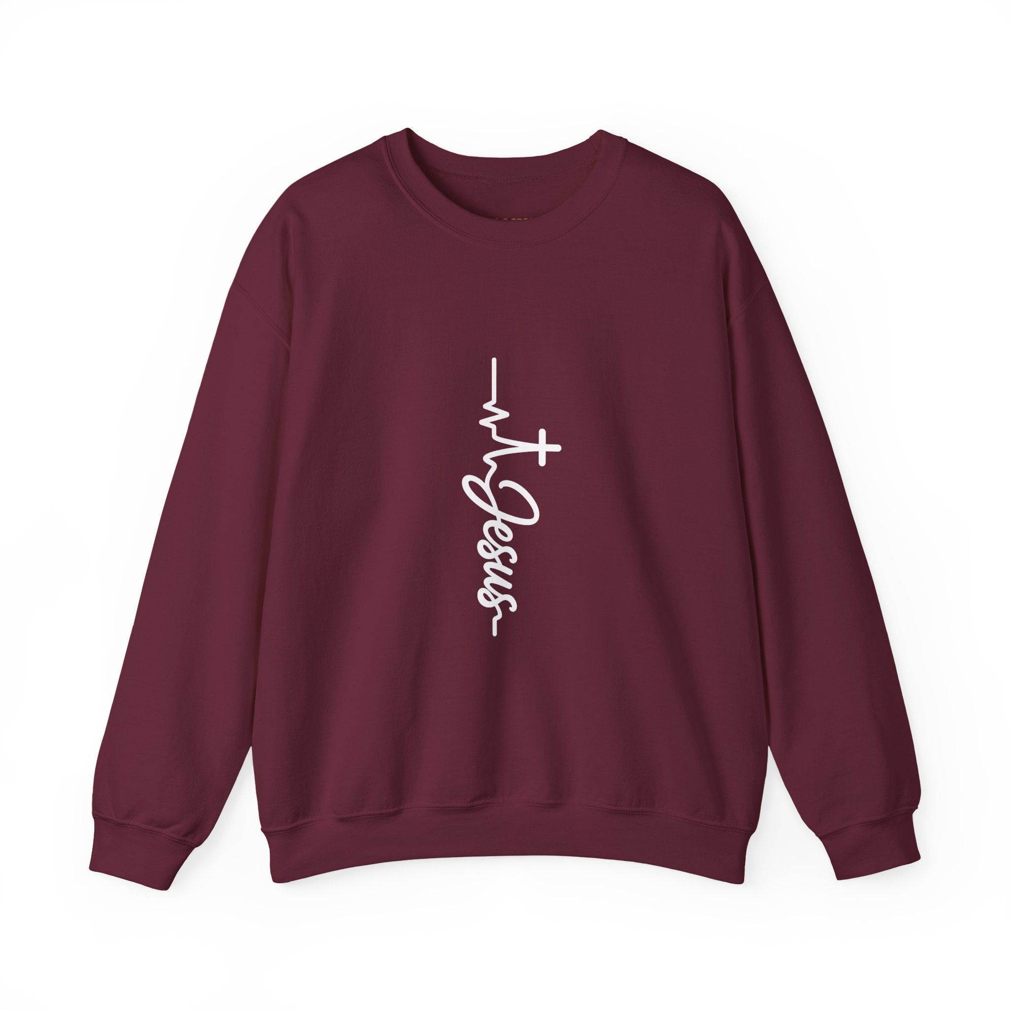 Jesus Embroidered Heartbeat Crewneck Sweatshirt — Vertical Script Faith Sweatshirt