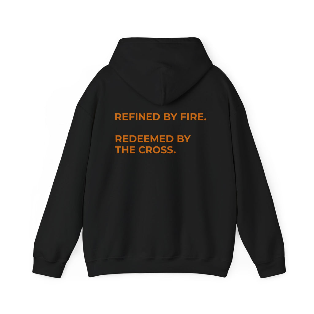 Christian Flame Cross Hoodie — "Refined by Fire. Redeemed by the Cross."