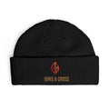 Embroidered ‘Icons & Crosss’ Cuff Beanie — Gothic Flame Logo Knit Hat