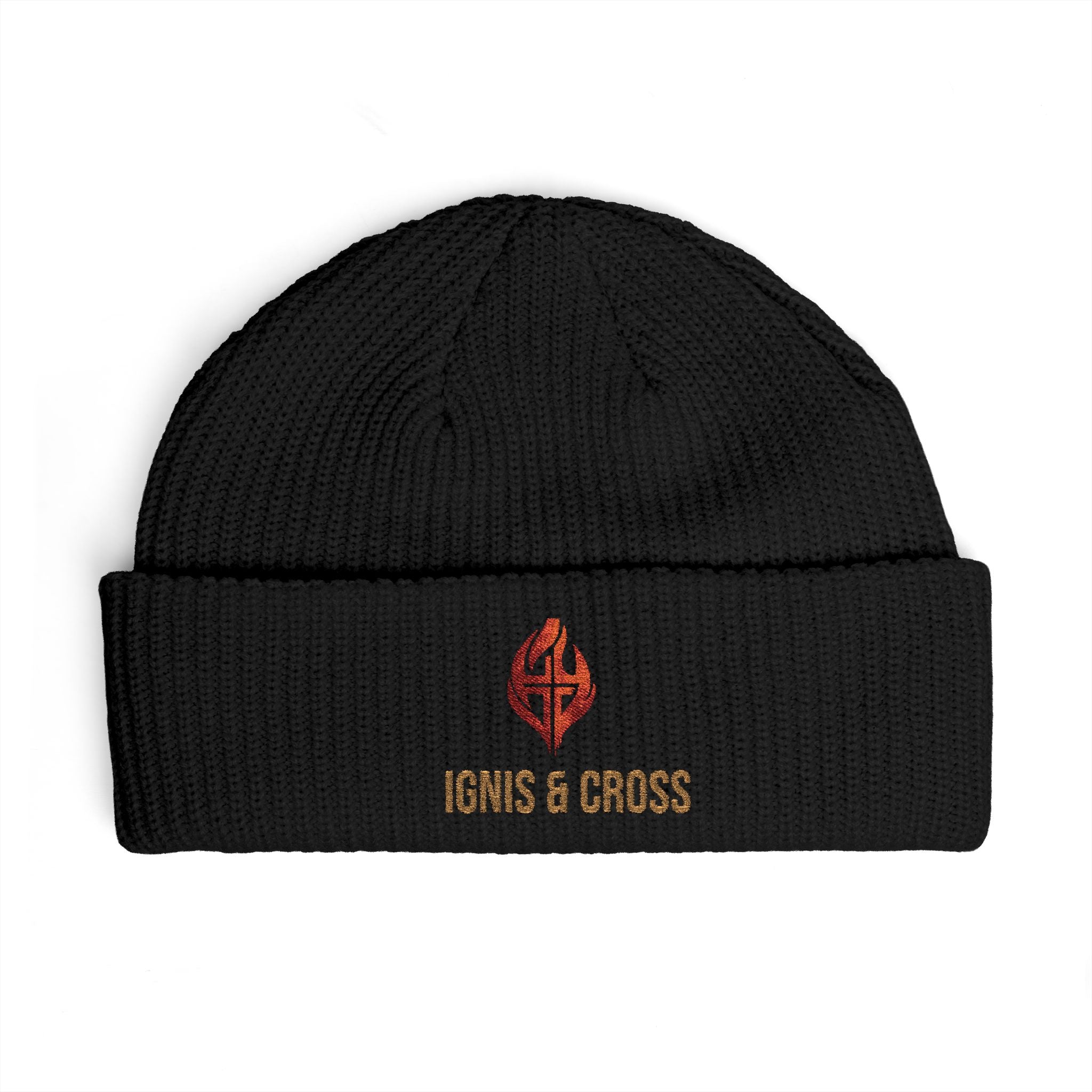 Embroidered ‘Icons & Crosss’ Cuff Beanie — Gothic Flame Logo Knit Hat