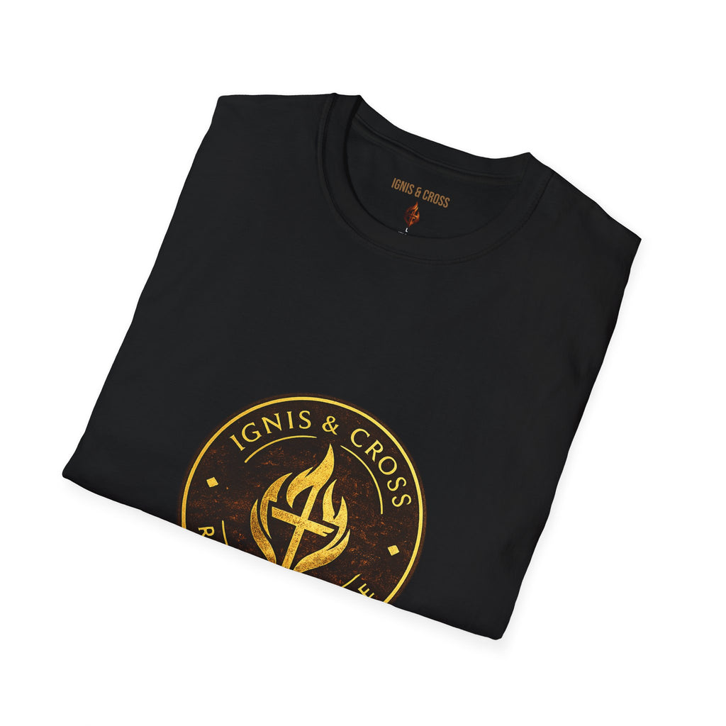 Ignis & Cross Logo T‑Shirt — Vintage Flame Emblem Christian Tee