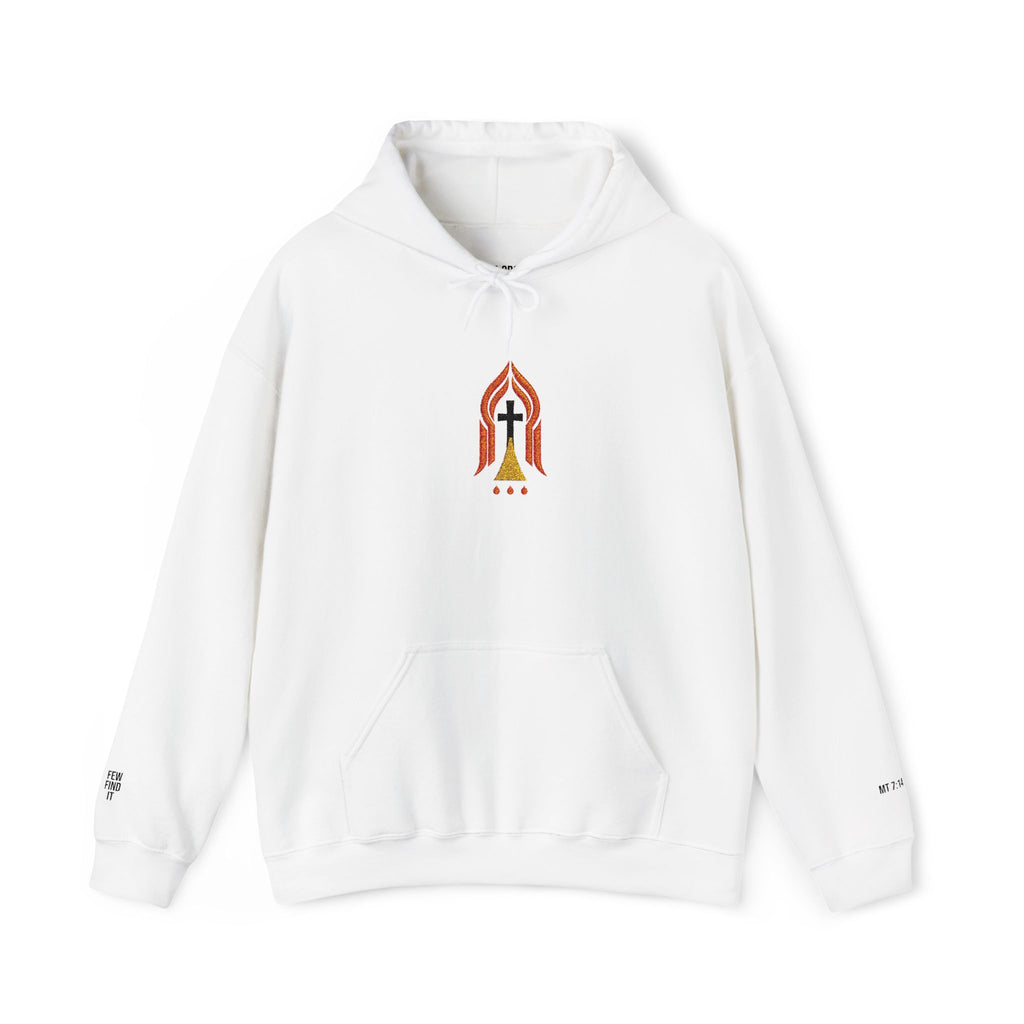 Narrow Way Flame Hoodie — Subtle Cross & Ember Flame Christian Hoodie (MT 7:14)