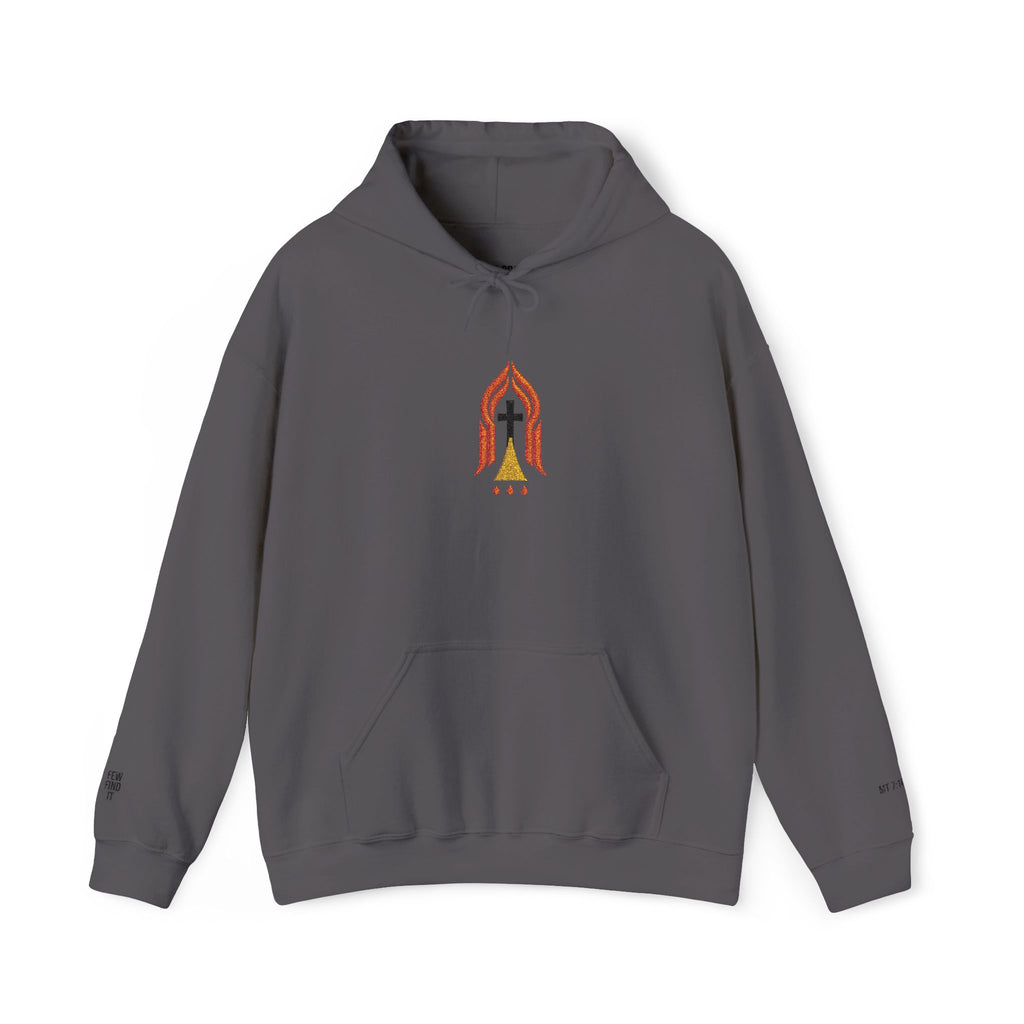Narrow Way Flame Hoodie — Subtle Cross & Ember Flame Christian Hoodie (MT 7:14)