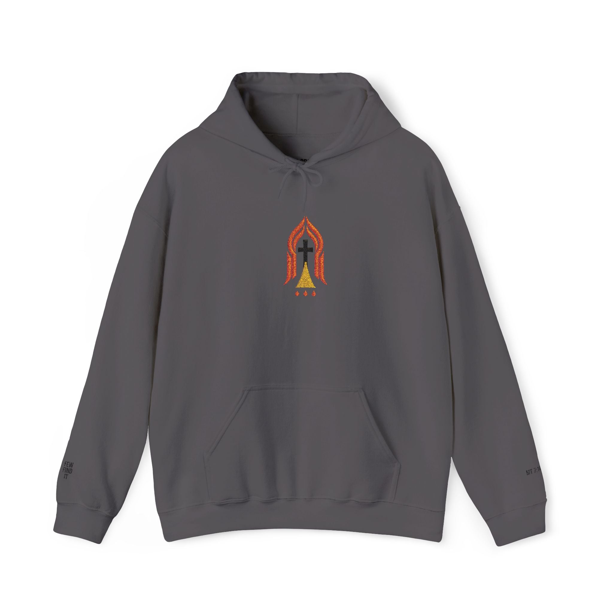 Narrow Way Flame Hoodie — Subtle Cross & Ember Flame Christian Hoodie (MT 7:14)