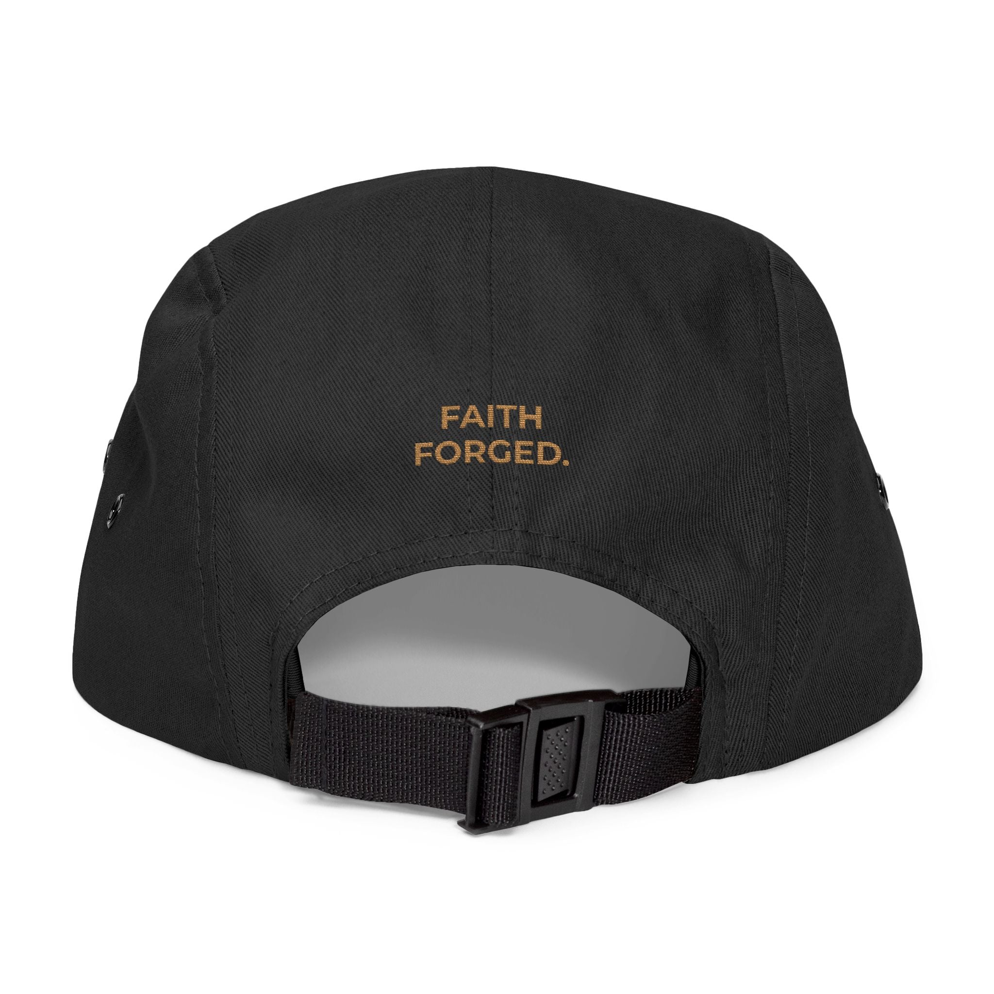 Embroidered Flame Crest 5-Panel Cap — 'Faith Forged'