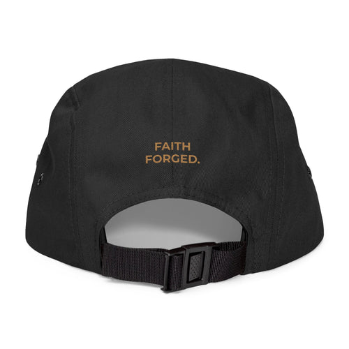 Embroidered Flame Crest 5-Panel Cap — 'Faith Forged'