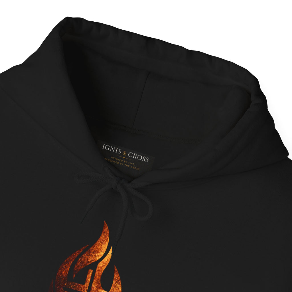 Christian Flame Cross Hoodie — "Refined by Fire. Redeemed by the Cross."