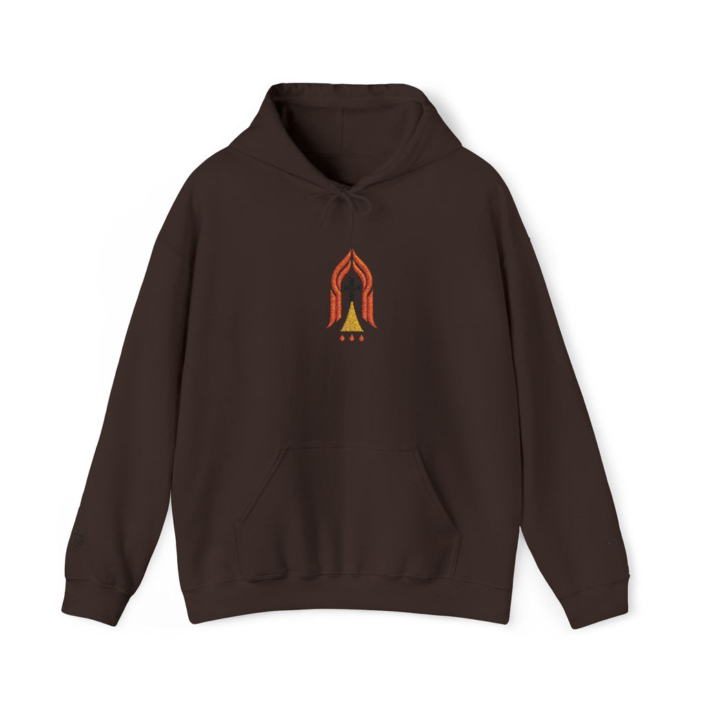Narrow Way Flame Hoodie — Subtle Cross & Ember Flame Christian Hoodie (MT 7:14)