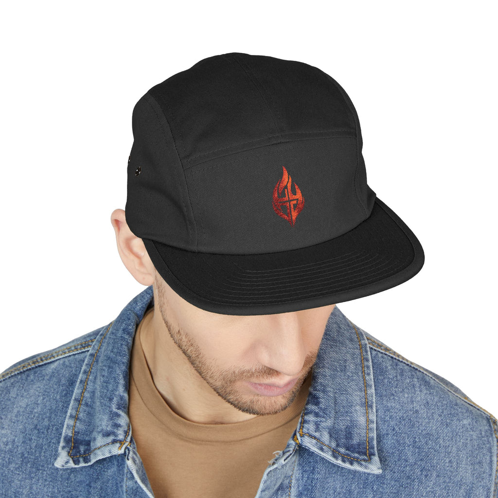 Embroidered Flame Crest 5-Panel Cap — 'Faith Forged'