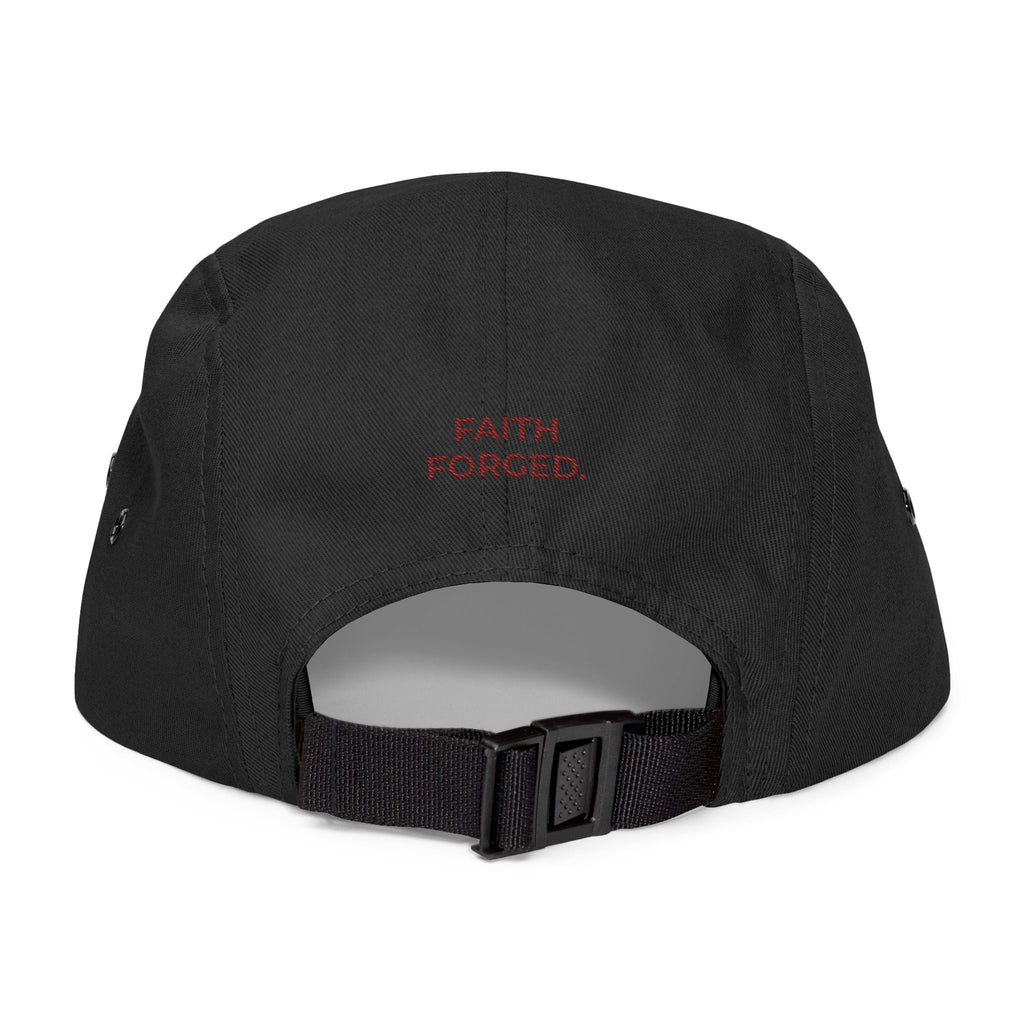 Embroidered Flame Crest 5-Panel Cap — 'Faith Forged'